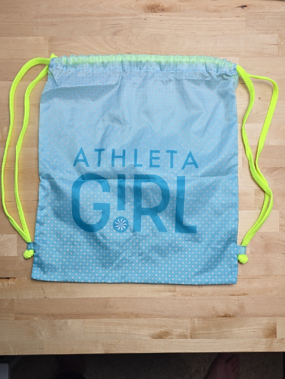 Athleta Girl Light Blue Drawstring Bag Backpack with Neon Yellow Cords
